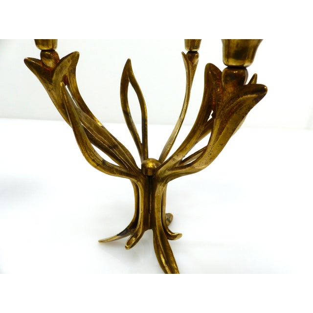 Three-Light Tripod Brass Candlesticks with Organic Floral Decoration, 1960s, Set of 2 For Sale - Image 6 of 8
