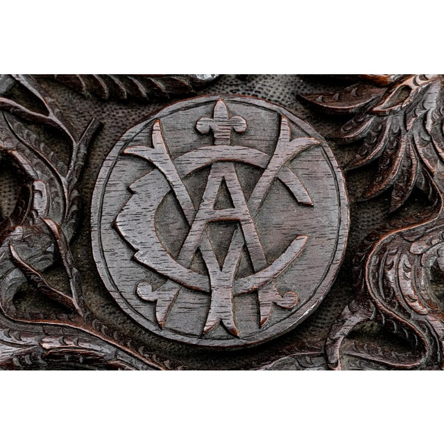 Wood Victorian Hand-Carved Antique Wood Box Asian Chinese Dragon Motif Devonshire Militaria Regiment Crest For Sale - Image 7 of 18
