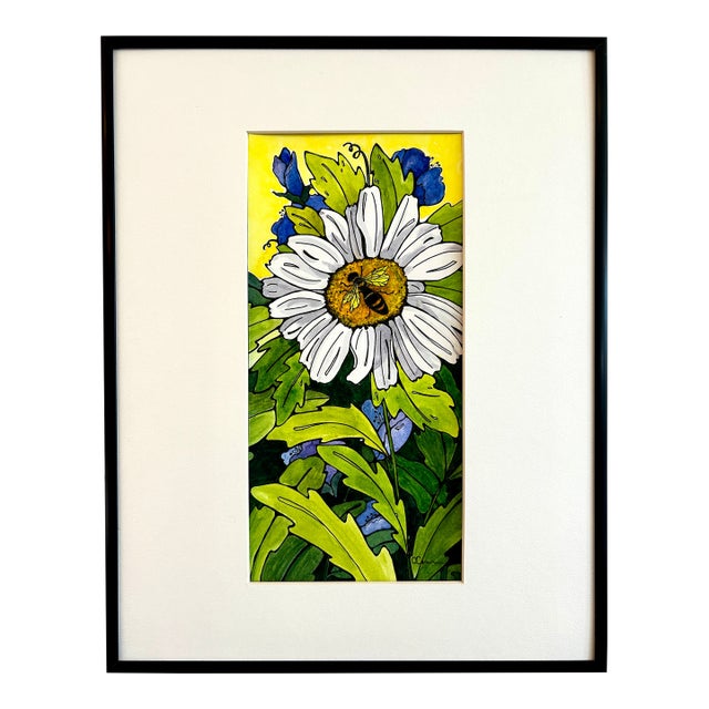 Original Watercolor Small Painting “White Daisy” Framed For Sale