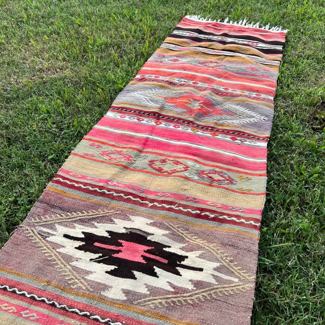 1940s Pink Skinny Distressed Kilim Rug 1’10x10 For Sale - Image 4 of 7
