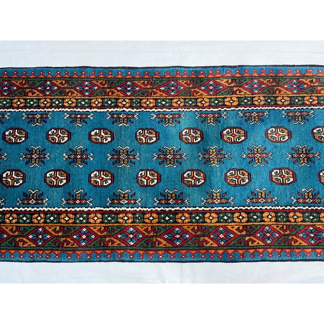 Art Deco Blue Turkmen Style Tribal Runner Rug With Geometric Motifs, 2'9" X 9'4" For Sale - Image 3 of 15