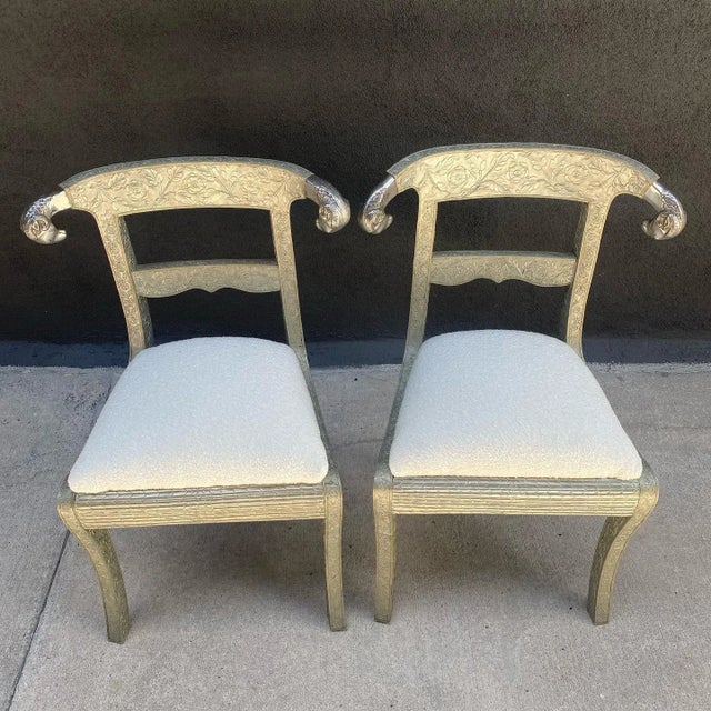 Silver 1990s Vintage Anglo Indian Floral Embossed Rams Head Dowry Chairs - a Pair For Sale - Image 8 of 11