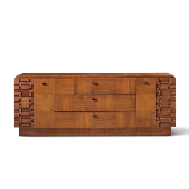 Lane Brutalist Mid Century Walnut Lowboy Dresser This lowboy measures: 80 wide x 20.25 deep x 30.25 inches high Good...