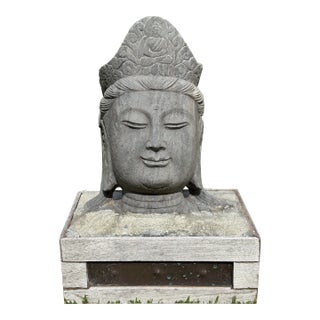 Mid 20th Century Stone Guanyin Buddha Garden Sculpture in Custom Base For Sale
