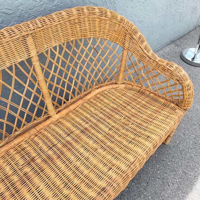 Vintage Boho Chic Woven Wicker Love Seat For Sale - Image 4 of 10