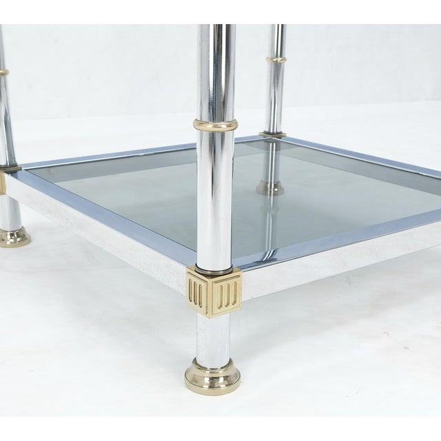 Pair of Italian Mid Century Modern Square Chrome & Brass Smoked Glass Two Tier End Side Tables MINT!