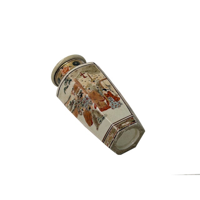 6" Asian Satsuma Style Hexagonal Figures Painted Porcelain Art Vase For Sale In San Francisco - Image 6 of 12