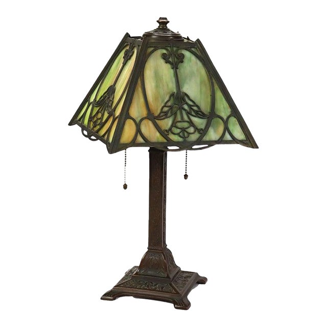 Antique Wilkinson Arts & Crafts Four-Panel Slag Glass Table Lamp C1920 For Sale