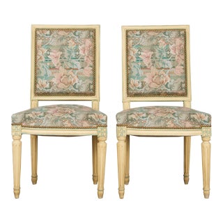 Antique French Louis XVI Style Square Back Painted Side Chairs W/ Floral Fabric - a Pair For Sale