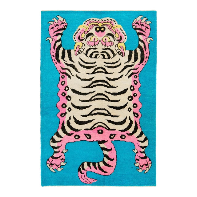 Tiger Designed Handmade Turkish Wool Rug in Blue For Sale