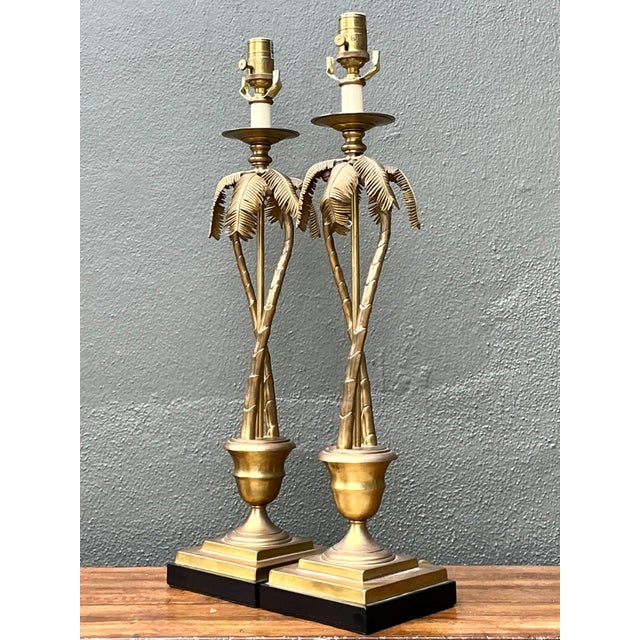 Mid 20th Century Vintage Palm Tree Brass Table Lamps - Pair For Sale - Image 5 of 10