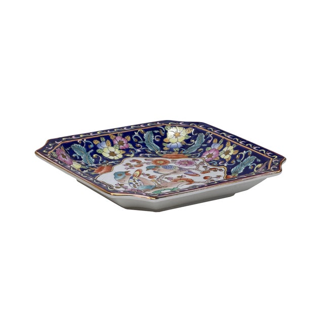 Vintage Deep Blue Flower Birds Square Ceramic Display Tray For Sale - Image 4 of 7