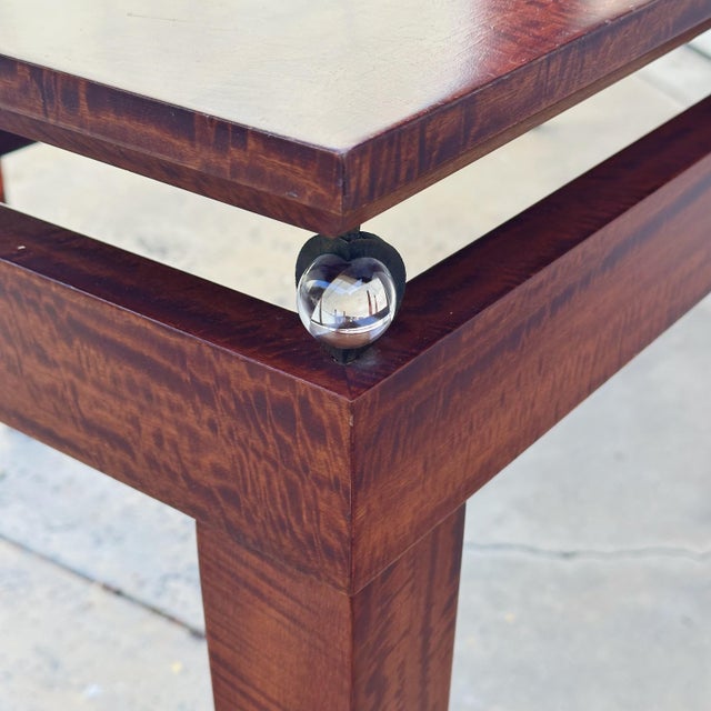 Wood Mid-Century Neo-Classical Revival Mahogany Console Tables With Brass and Crystal Orb Accents, a Pair For Sale - Image 7 of 12