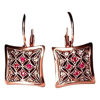 Late 19th Century 14K Pink Gold Rose Cut Diamond Ruby Dangle Drop Earrings, Pair For Sale