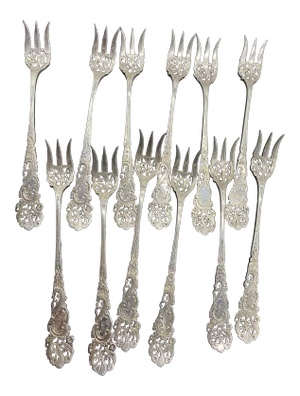 Antique Victorian Dominick & Haff Sterling Silver Seafood/Cocktail/Oyster Forks- Set of 12