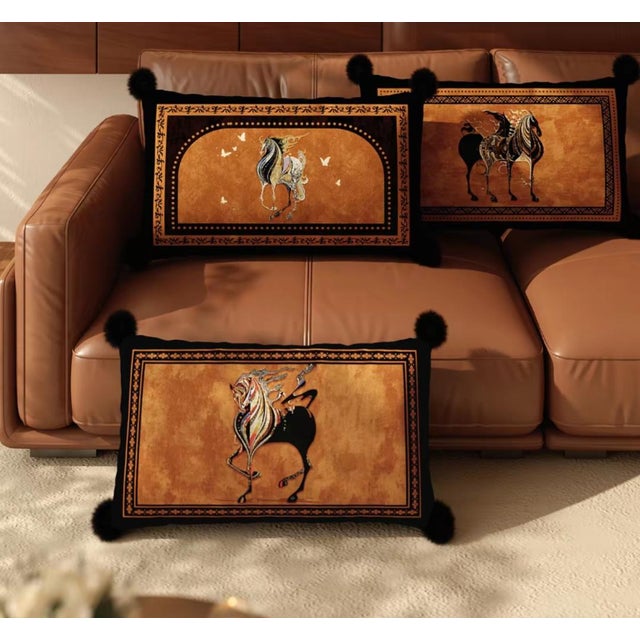A decorative throw pillow featuring a hand-painted galloping horse pattern inspired by French rural life. Versatile for...