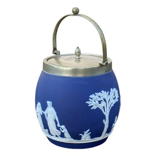 Antique 19th Century Wedgwood Blue Jasperware Neoclassical Biscuit Barrel Jar With Lid, Marked For Sale