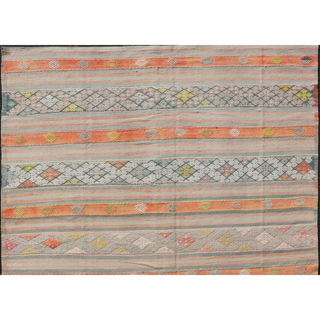 Traditional Colorful Vintage Turkish Embroidered Kilim With Stripe's and Geometric Motifs For Sale - Image 3 of 10