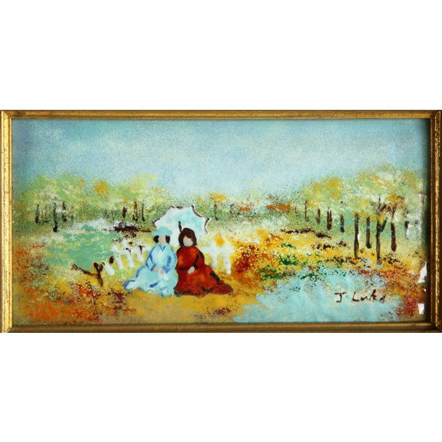 Vintage c.1960's/70's enamel on copper framed wall plate, depicting a beautiful little light and airy landscape with a...