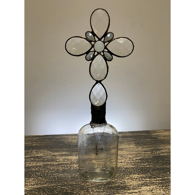 Gothic Handmade Crystal Cross Assemblage Sculpture on Embossed Clear Glass Flask For Sale - Image 3 of 7
