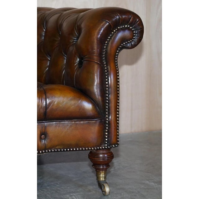 Exceptionally Rare Pair of Fully Restored Antique Howard & Sons Berners Street Leather Chesterfield Sofas For Sale - Image 11 of 18