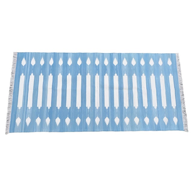 Handmade Cotton Sky Blue and White Striped Runner Rug, Vegetable Dyed Dhurrie Runner -3'x12' For Sale - Image 9 of 10