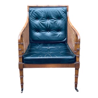 Hickory Chair Regency Style Faux Bamboo Caned Lounge Chair on Brass Casters For Sale