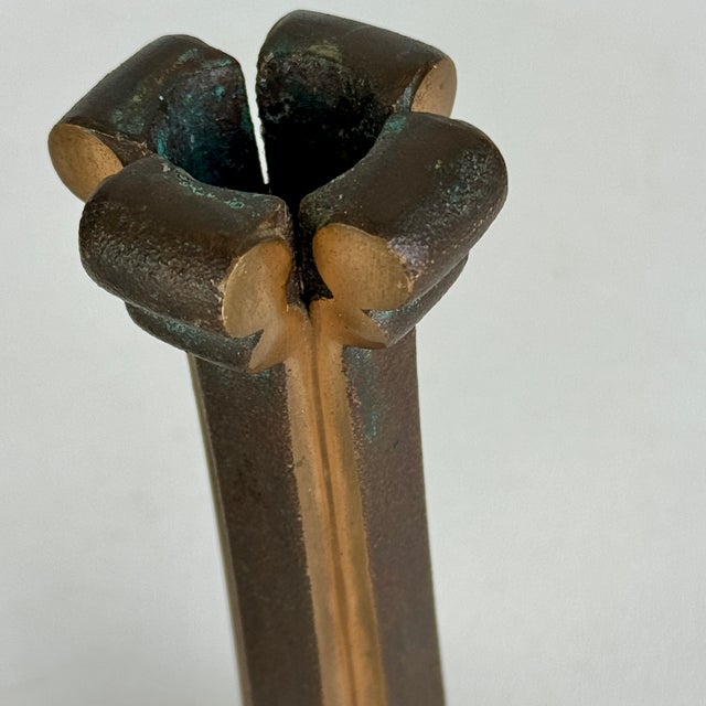 Antique Pair of Solid Bronze Art Nouveau French Candlesticks in Column Design and Brass Finish For Sale - Image 9 of 13