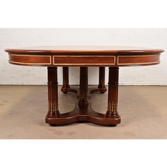 Maison Jansen Style Antique French Regency Louis XVI Mahogany and Gilt Bronze Monumental Double Pedestal Extension Dining Table, Newly Refinished For Sale - Image 16 of 17