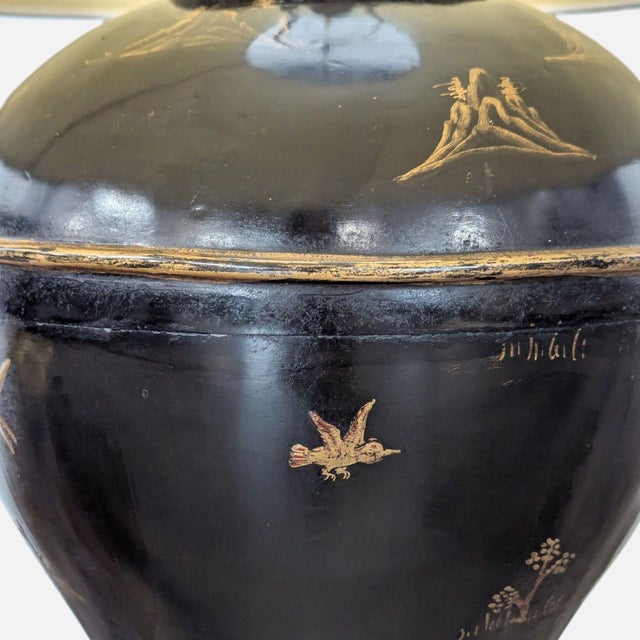 Chinoiserie Style Black Lacquer Table Lamp With Gilt Decoration For Sale - Image 4 of 6