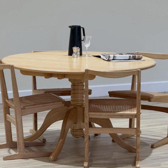 Mid-Century Modern Elm Circular Dining Table and Rattan Chairs, 1960s, Set of 5 For Sale - Image 9 of 11