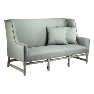 Aubert High-back Settee Bench - Seafoam Linen / Olive Painted Frame For Sale