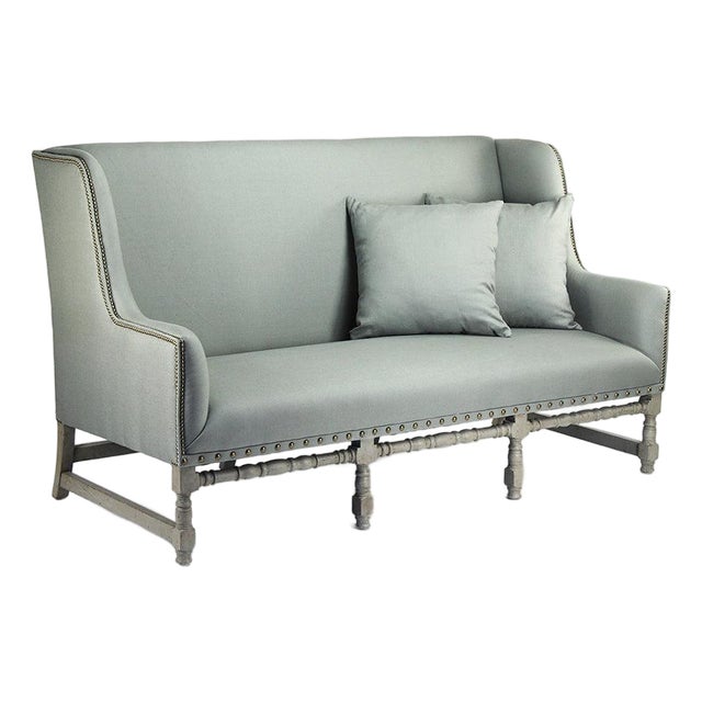 Aubert High-back Settee Bench - Seafoam Linen / Olive Painted Frame For Sale