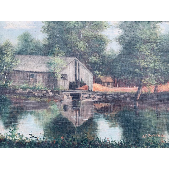 Shabby Chic Antique Framed Oil Painting on Canvas Landscape With an Old Barn For Sale - Image 3 of 7