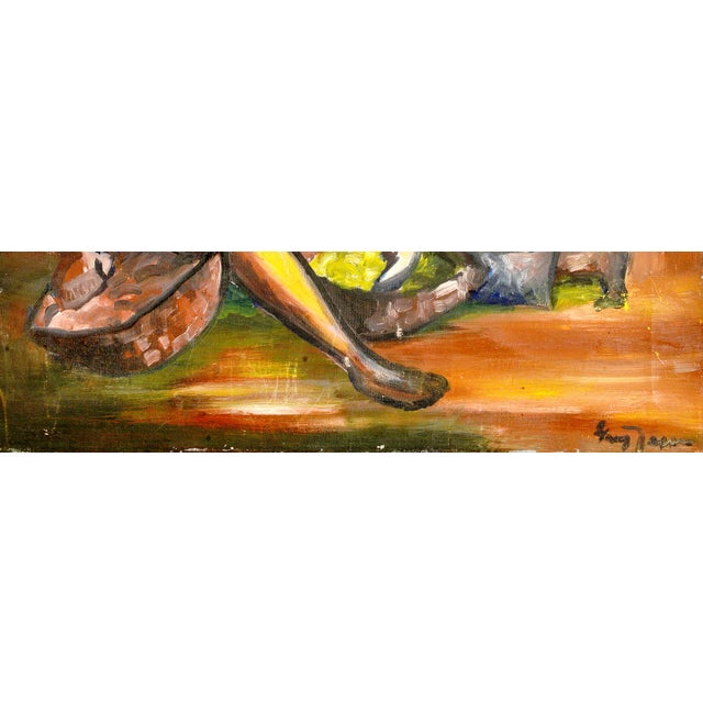 This original oil on canvas painting, titled "Harvest Harmony," depicts two figures engaged in what appears to be a...