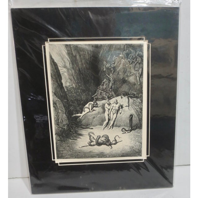 Matted book plate of the 8th circle of Hell as the sinners of theft are bitten by poison serpents and then turn into...