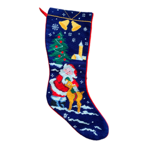 Vintage Needlepoint by Hand Christmas Stockings Wool Blend Back to Velvet Santa With Rudolph Pattern Red Green Blue