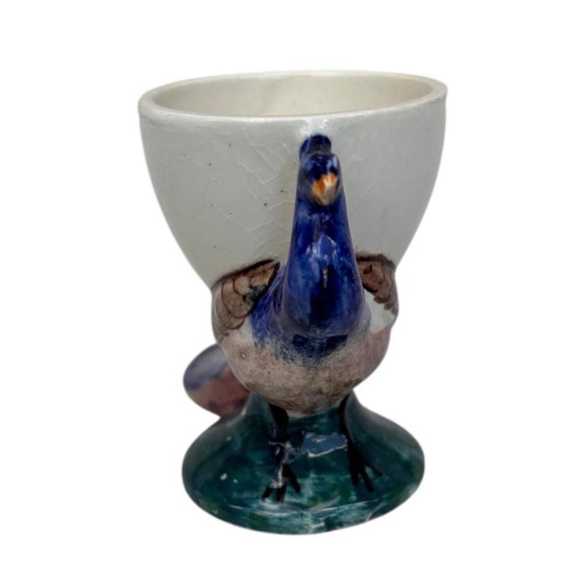 Art Deco French Majolica Peacock Egg Cup Sarreguemines Circa 1920 For Sale - Image 3 of 9
