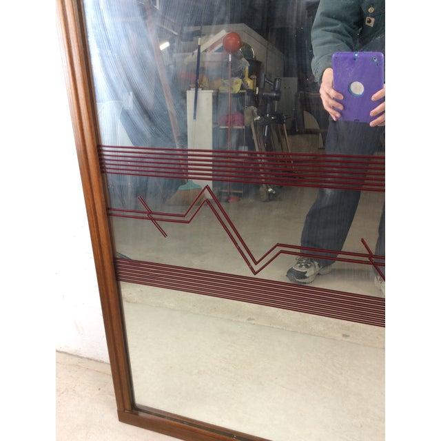 Wood Mid Century Modern Tall Rectangular Wall Mirror With Unique Vinyl Printed Decal on Glass For Sale - Image 7 of 17