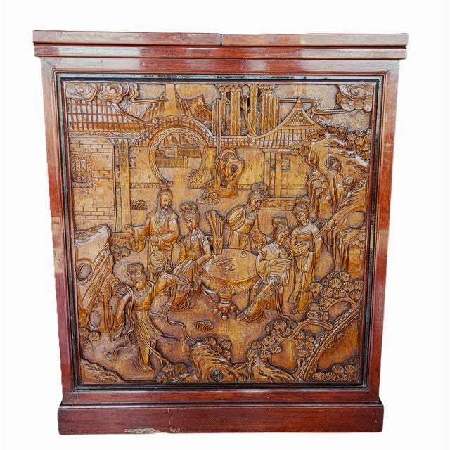 Wood Asian Chinese Hand Carved Dry Bar Folding Flip Top 20th Century For Sale - Image 7 of 16