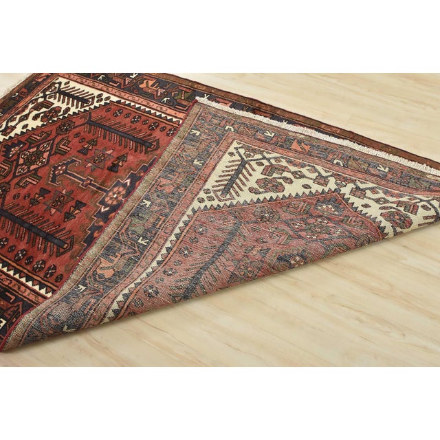 Zanjan Rug 4'2'' X 6'7'' Red Wool Vintage Tribal Hand-Knotted Oriental Carpet For Sale - Image 12 of 13