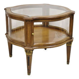 Vintage French Provincial Fruit Wood Curved Glass One Door Display Side Table For Sale