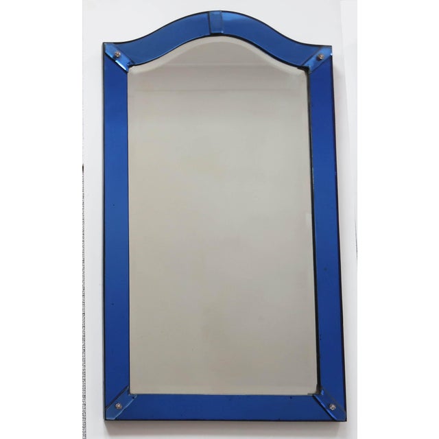 Vintage Art Deco Cobalt Blue Glass Framed Bevelled Mirror, 1930, in Good conditions. Designed 1920 to 1949