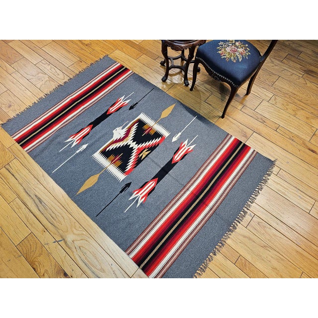 Textile Vintage American Southwestern Kilim Rug, Handwoven Wool, Mythical Bird Pattern, Pale Blue & Ivory, 4x7 For Sale - Image 7 of 11