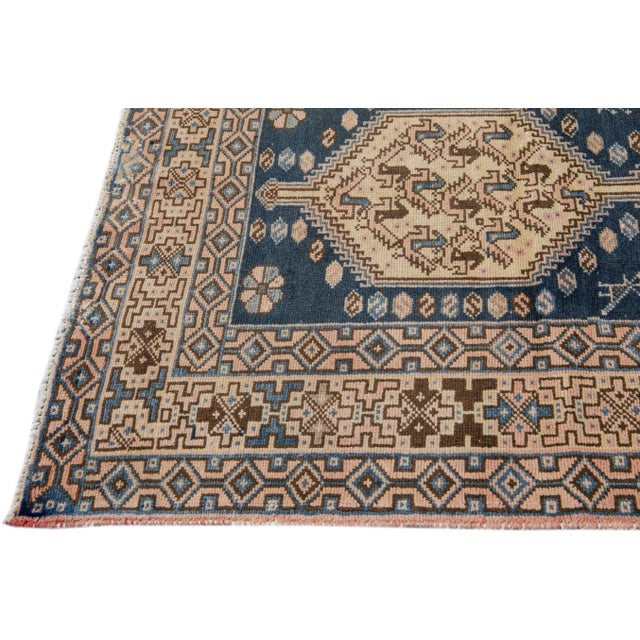 1960s Vintage Distressed Handmade Geometric Blue Wool Runner For Sale - Image 4 of 9