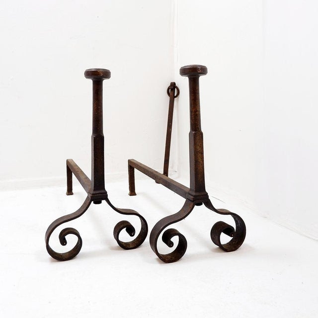 Antique Wrought Iron Andirons, 1890s, Set of 3 For Sale - Image 10 of 13