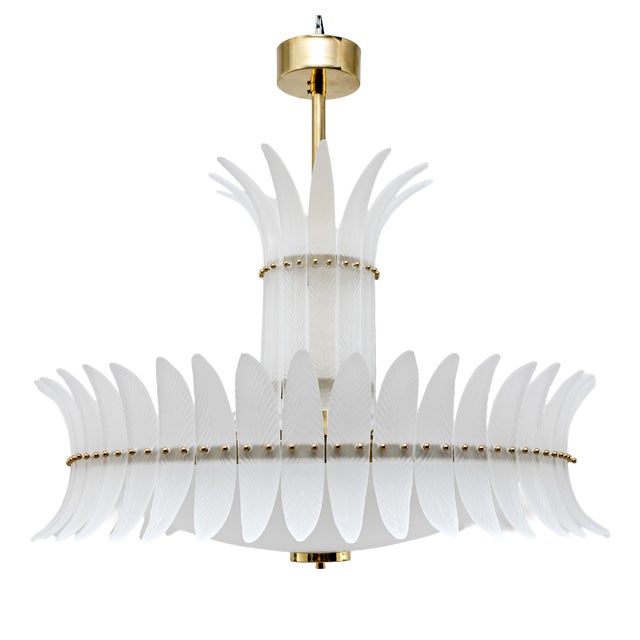 Art Deco Italian Murano Glass Feather Chandelier with Brass Details, 2000 For Sale