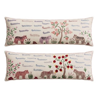 Tiger Suzani Lumbar Pillow Cover 18'' X 53'' - Set of Two For Sale