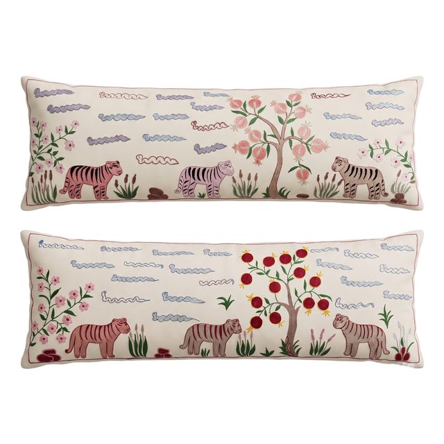 Tiger Suzani Lumbar Pillow Cover 18'' X 53'' - Set of Two For Sale