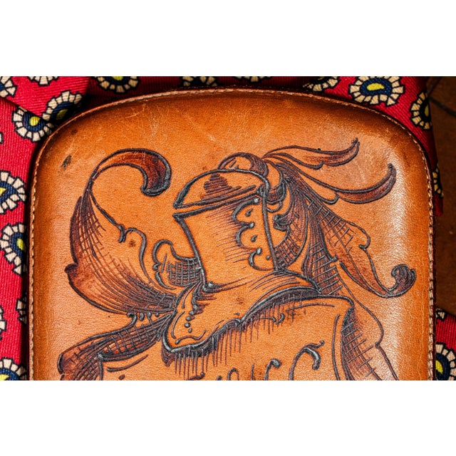 Fantastic Hand Tooled Antique Leather Cigar Case Knight Helmet Shield & Monogram Atlantic City New Jerse For Sale - Image 4 of 11